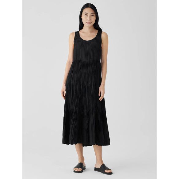 Eileen Fisher Crushed Silk Tiered Dress in Black