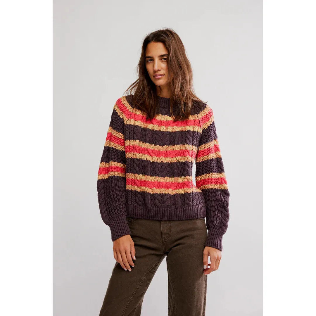 Free People Frankie 100% Cotton Cable Striped Pullover in Chocolate Combo