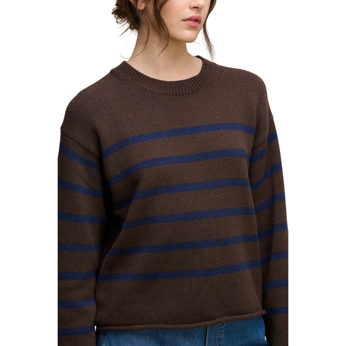 Velvet by Graham & Spencer Lucia Striped Crewneck Cotton Cashmere Sweater in Espresso