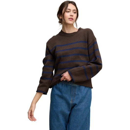 Velvet by Graham & Spencer Lucia Striped Crewneck Cotton Cashmere Sweater in Espresso