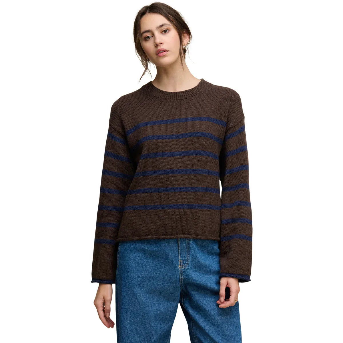 Velvet by Graham & Spencer Lucia Striped Crewneck Cotton Cashmere Sweater in Espresso