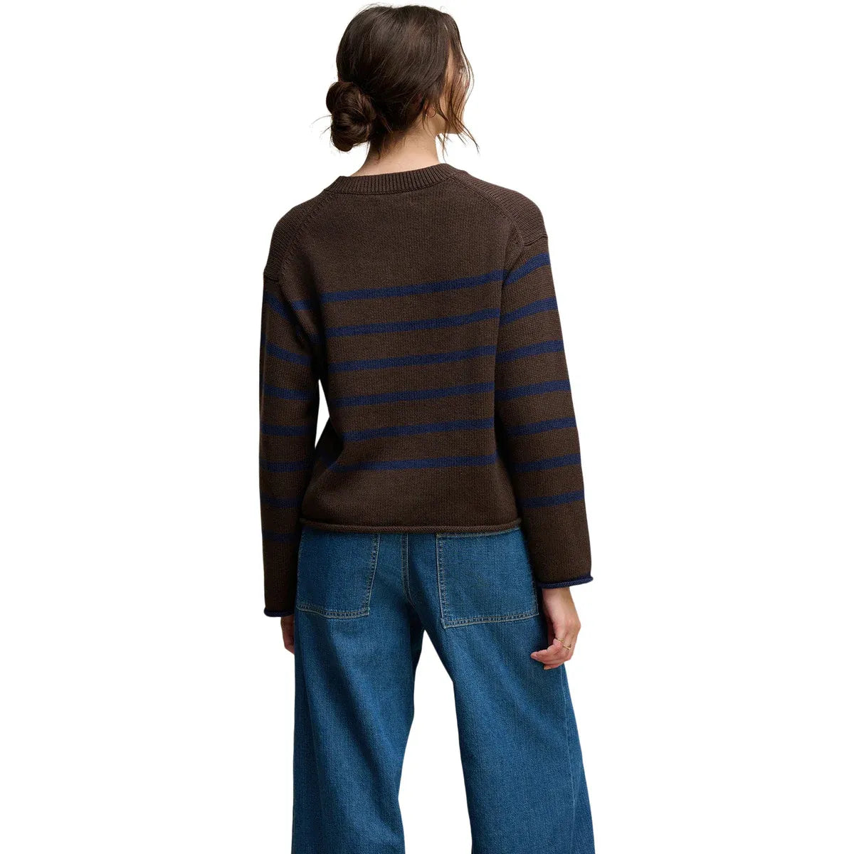 Velvet by Graham & Spencer Lucia Striped Crewneck Cotton Cashmere Sweater in Espresso