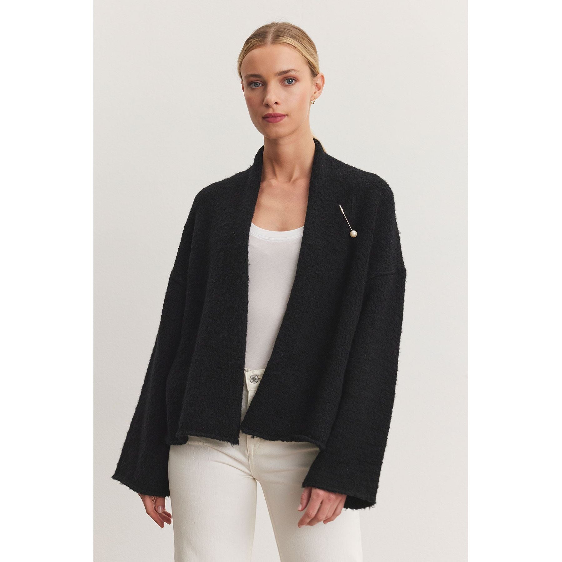 Velvet by Graham and Spencer Chanson Brushed Knit Open Cardigan with Pin in Black