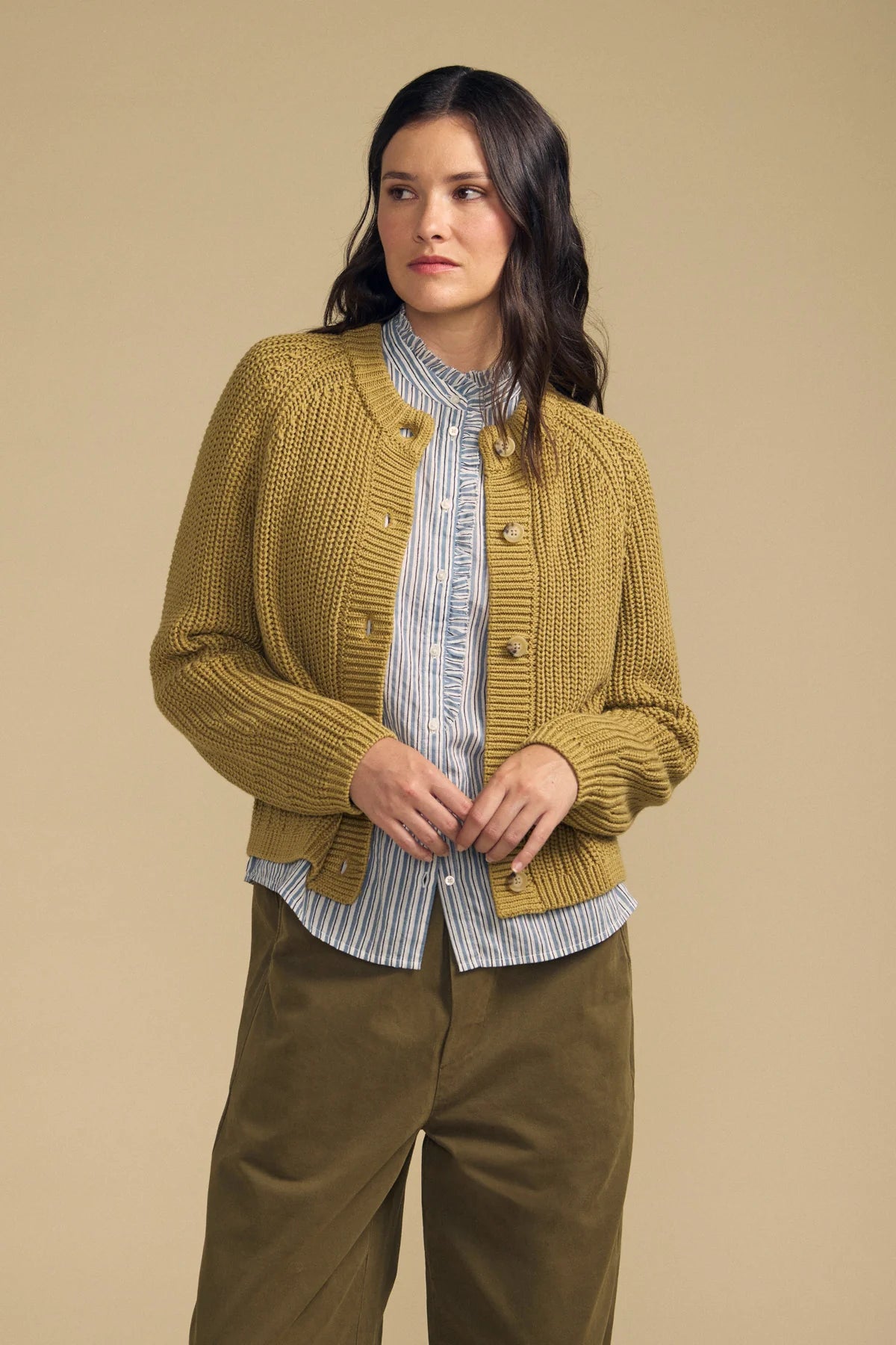 Velvet Lisabeth Chunky Pima Cotton Cardigan in Khaki