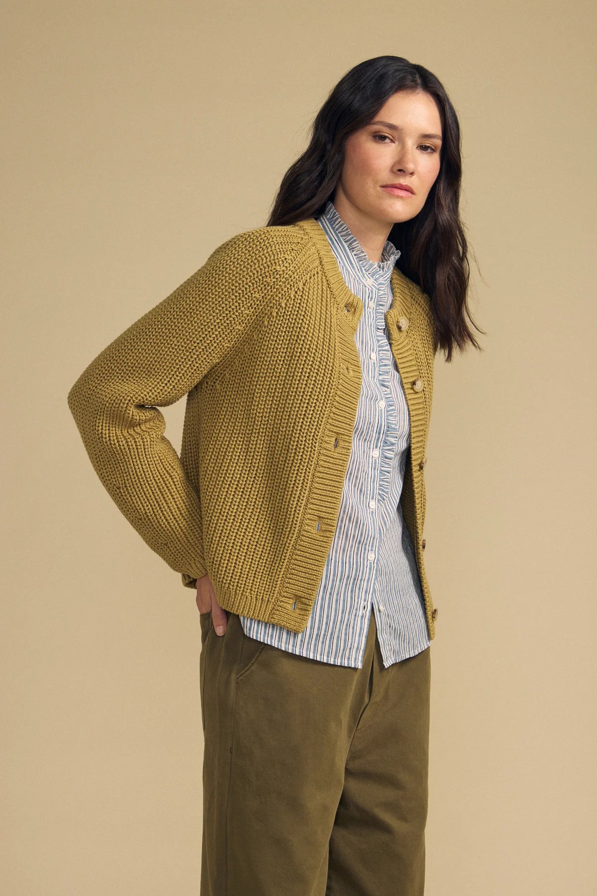 Velvet Lisabeth Chunky Pima Cotton Cardigan in Khaki