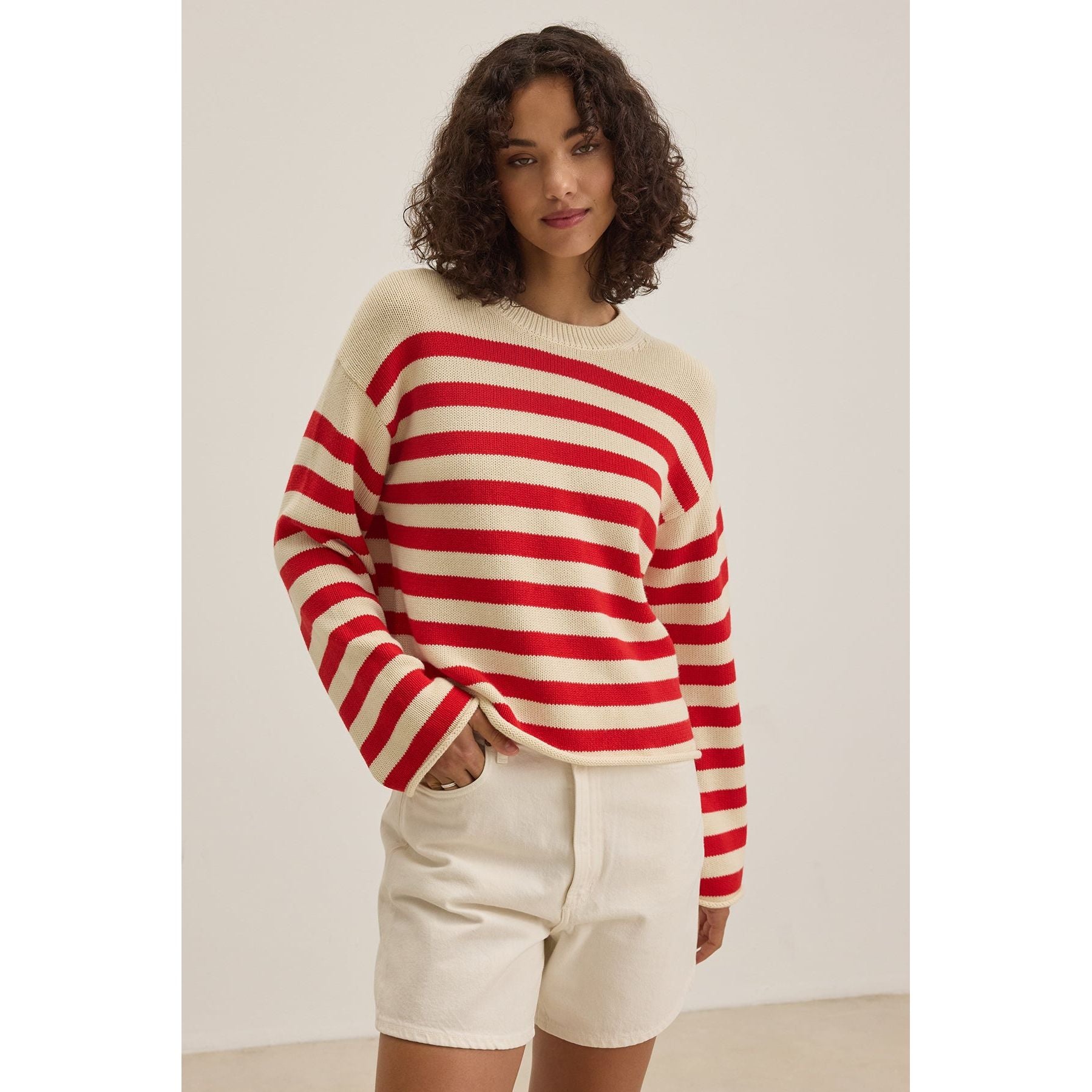 Velvet by Graham & Spencer Lex Cotton Cashmere Sweater in Cream and Red