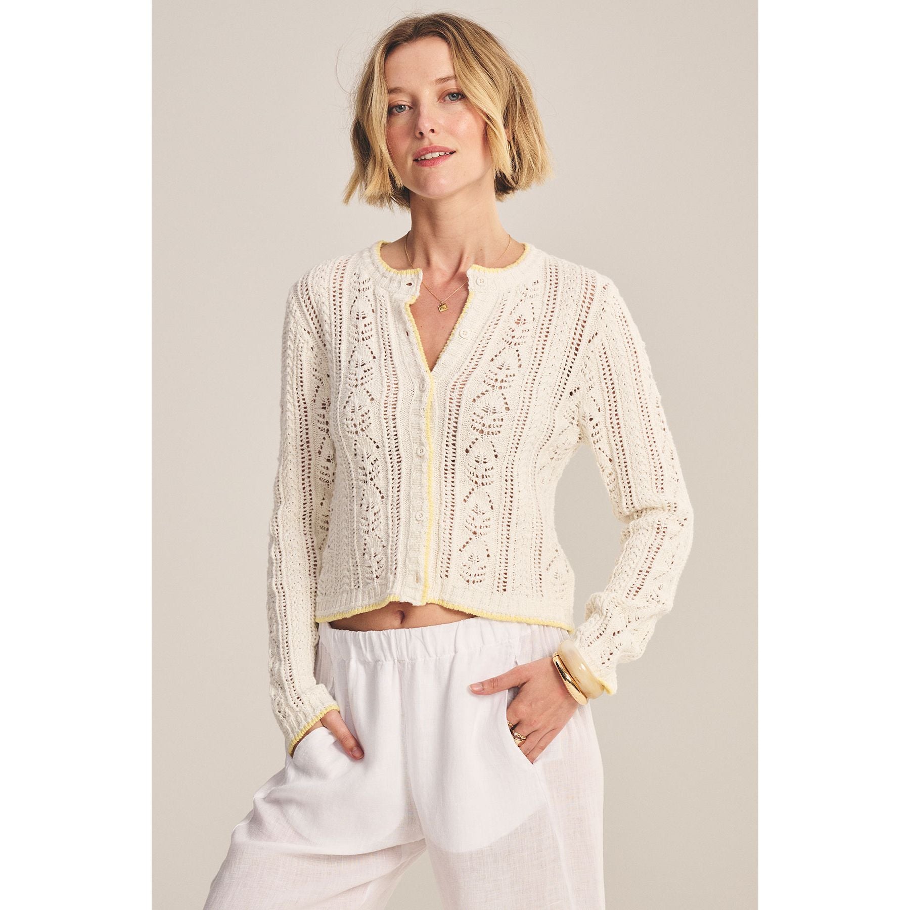 Velvet by Graham and Spencer Daisy Cotton Pointelle Cardigan in Ivory