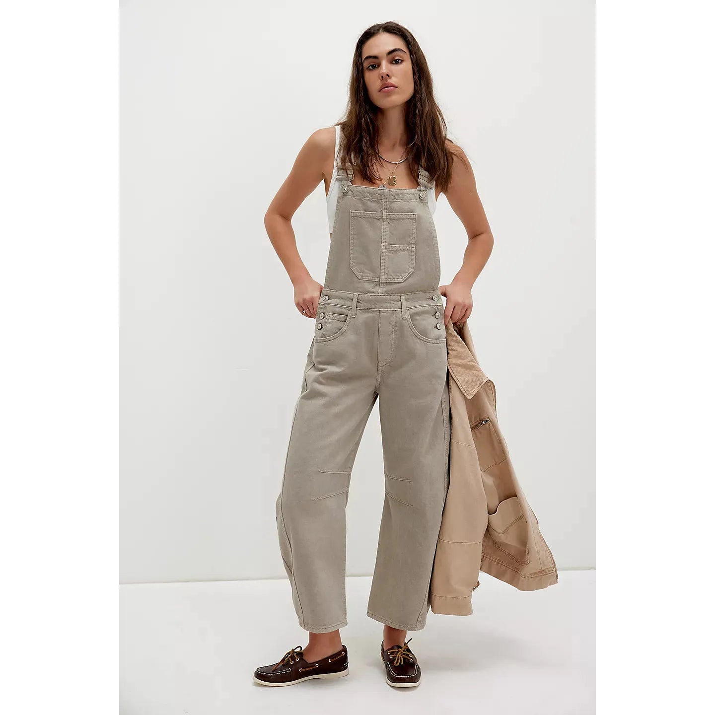 Free People Good Luck Barrel Overalls in Cobblestone