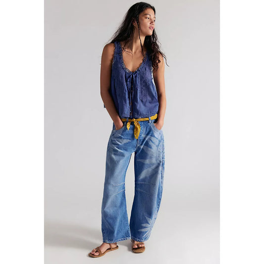 Free People Good Luck Printed Barrel Jeans in Sun Fade