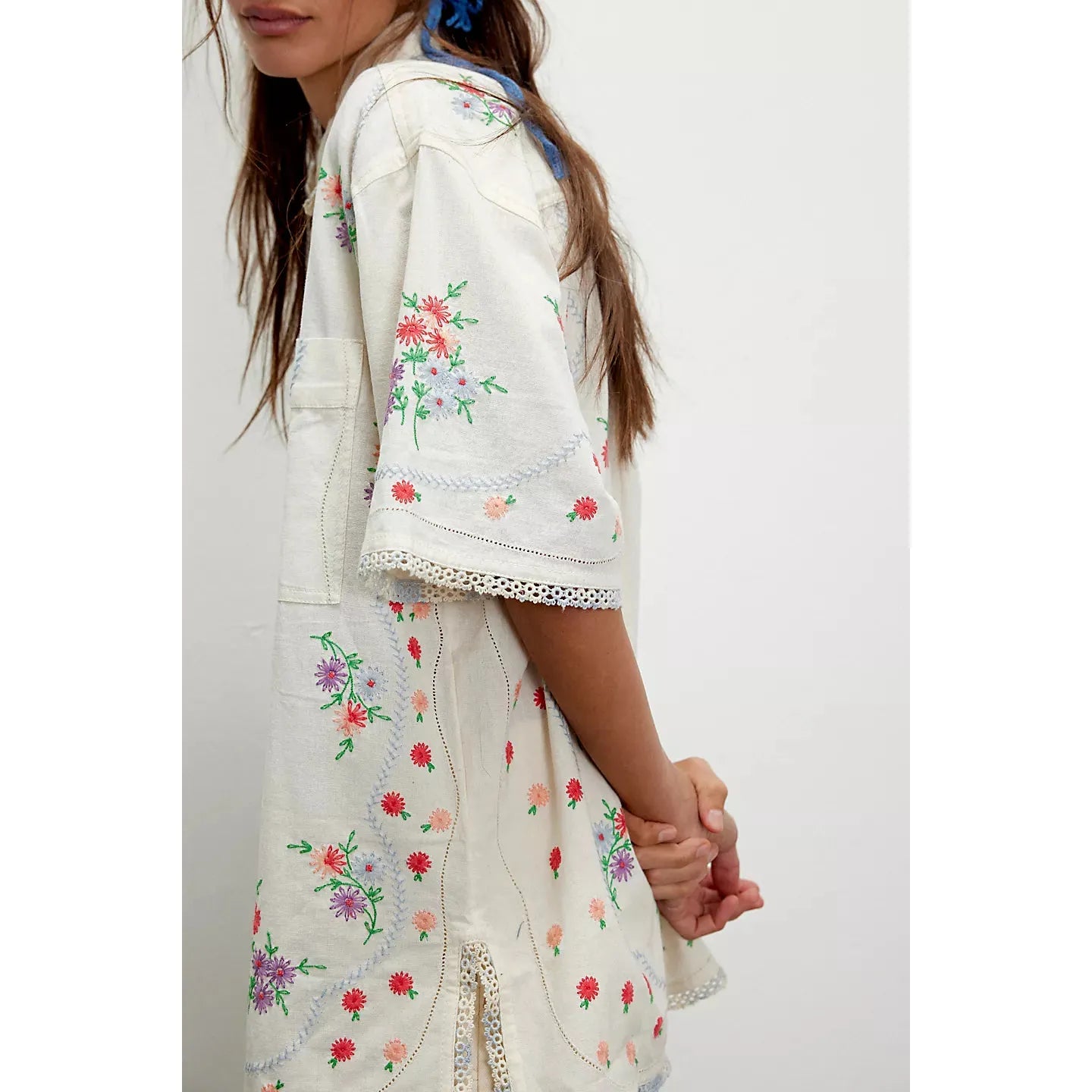 Free People Emma Embroidered Top in Tofu Combo