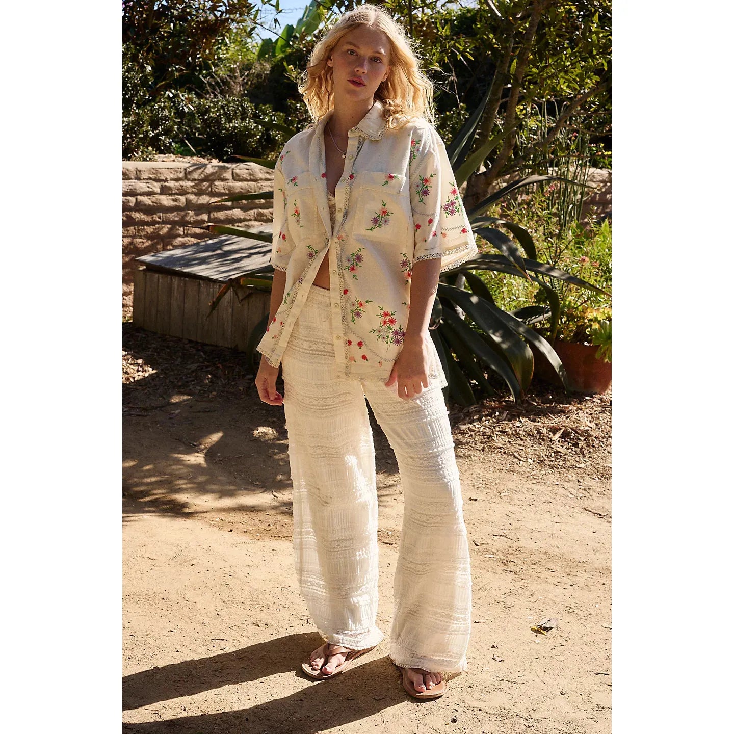 Free People Emma Embroidered Top in Tofu Combo