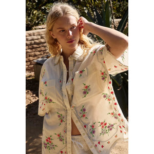 Free People Emma Embroidered Top in Tofu Combo