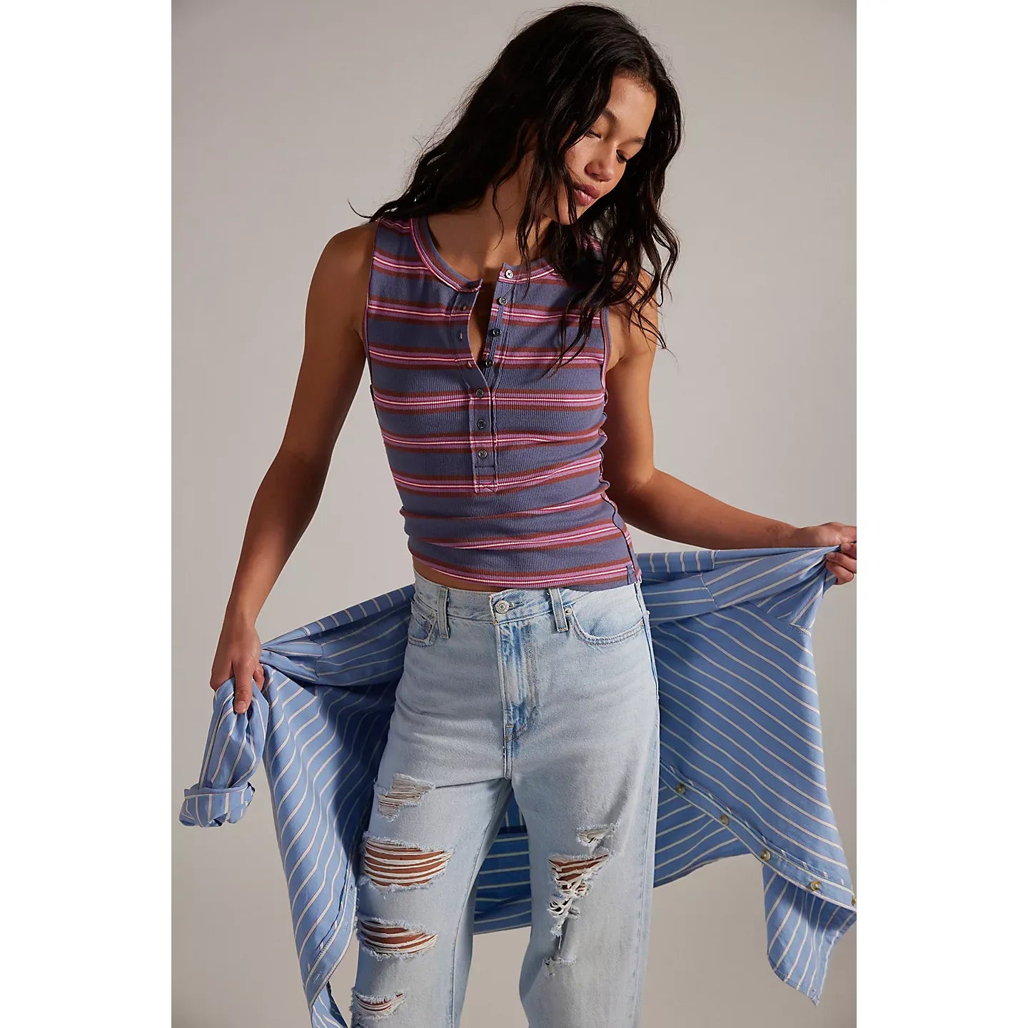 Free People Jamie Henley Striped Tank Top in Navy Combo