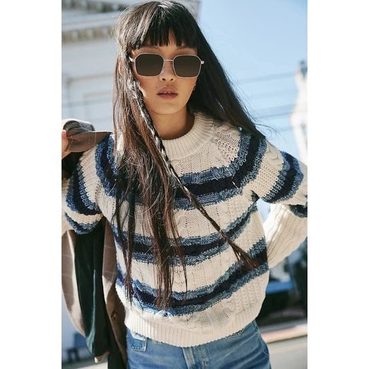 Free People Frankie 100% Cotton Cable Striped Pullover in Ivory Combo