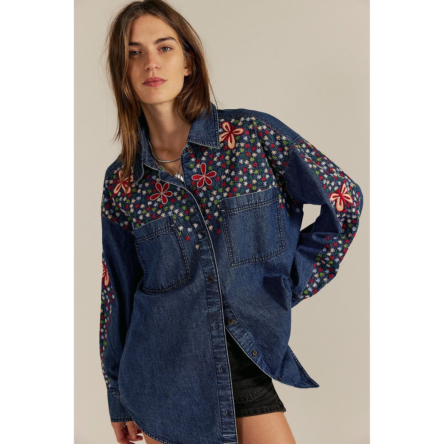 Free People Rainbow Embroidered Denim Shirt in Rinse Wash