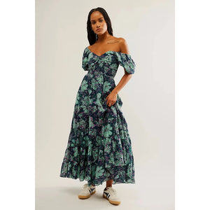Free People Sundrenched Floral Print Sweetheart Neck Short Puff Sleeve Maxi Dress