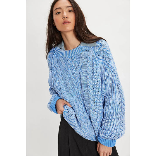 Free People Frankie Cable Sweater in Della Robbia Blue
