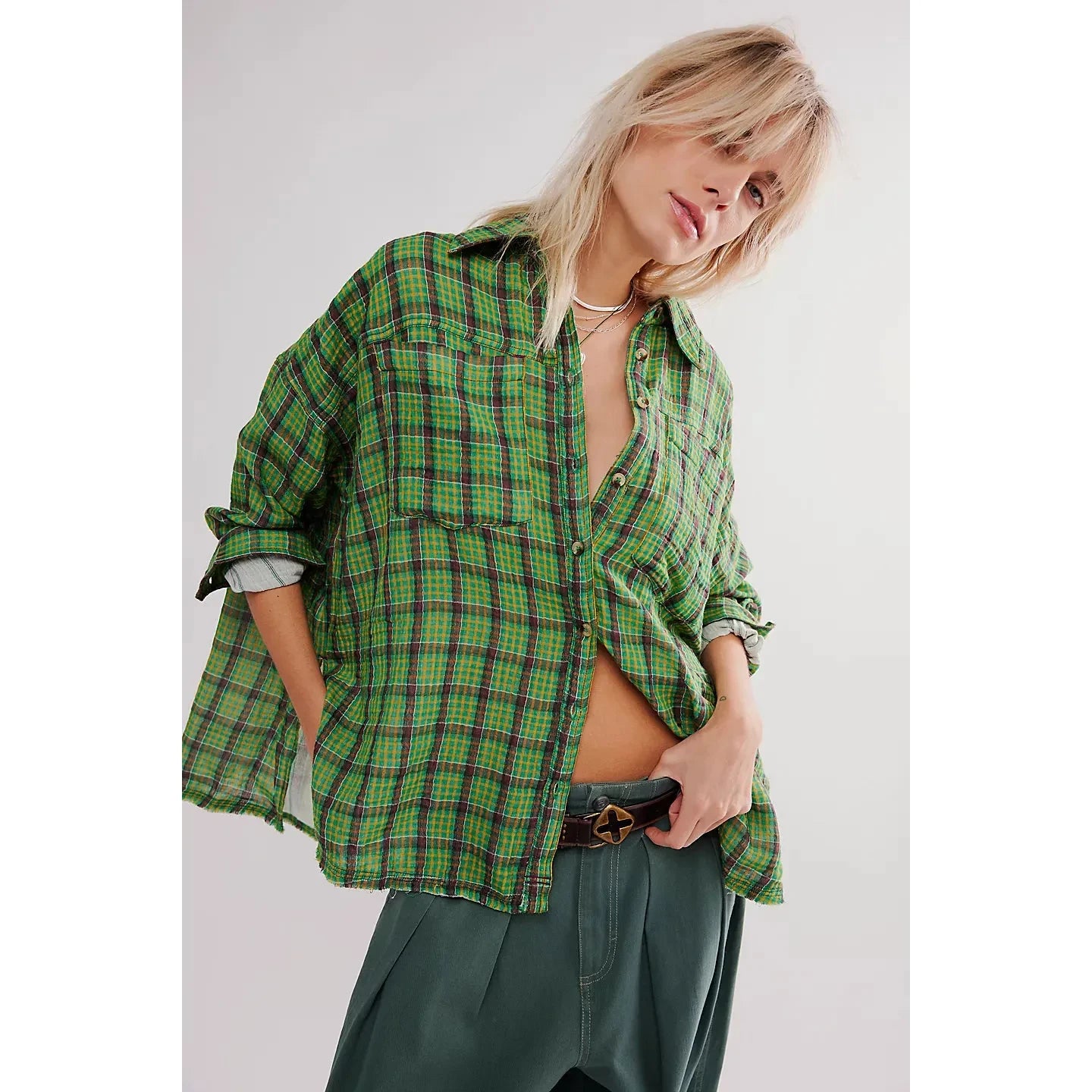 Free People Cardiff Plaid Top in Green Combo