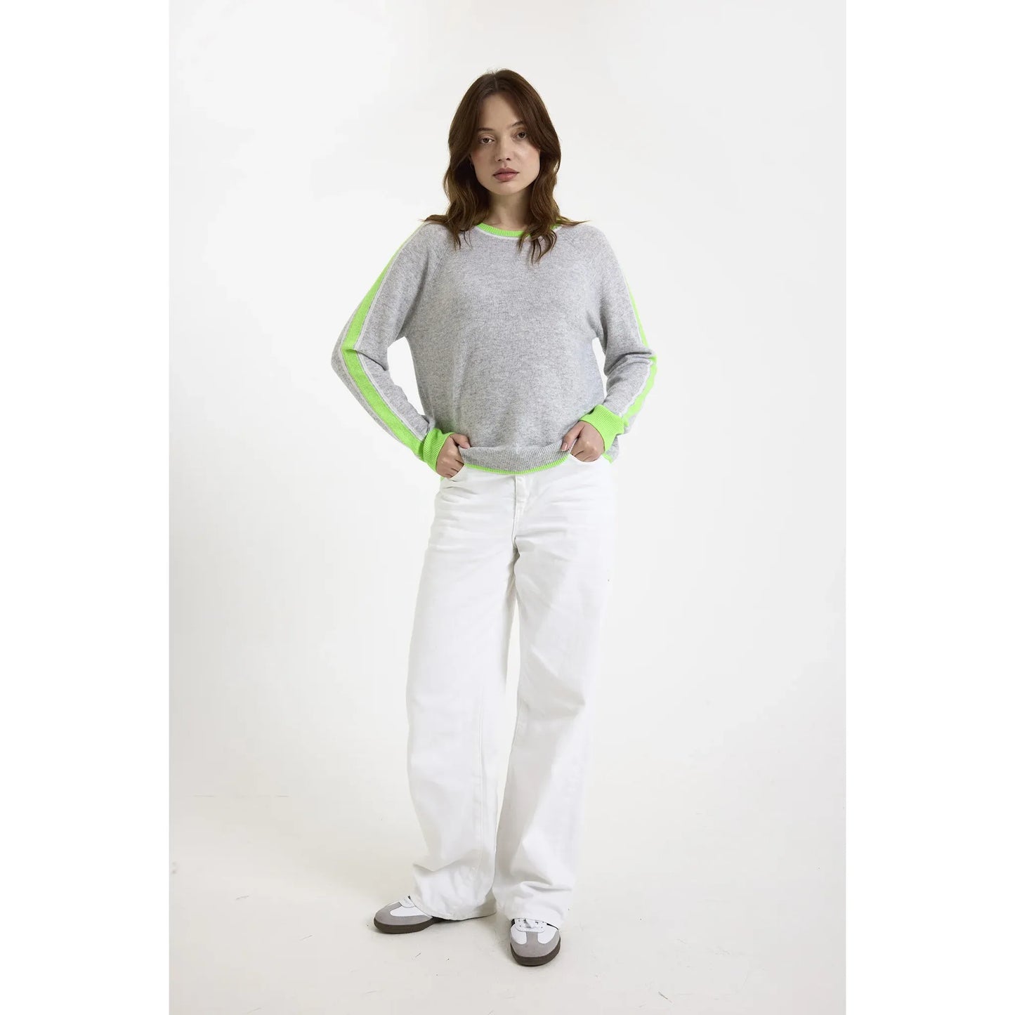 Brodie 100% Cashmere Striped Sleeve Mini Sweater in Super Grey