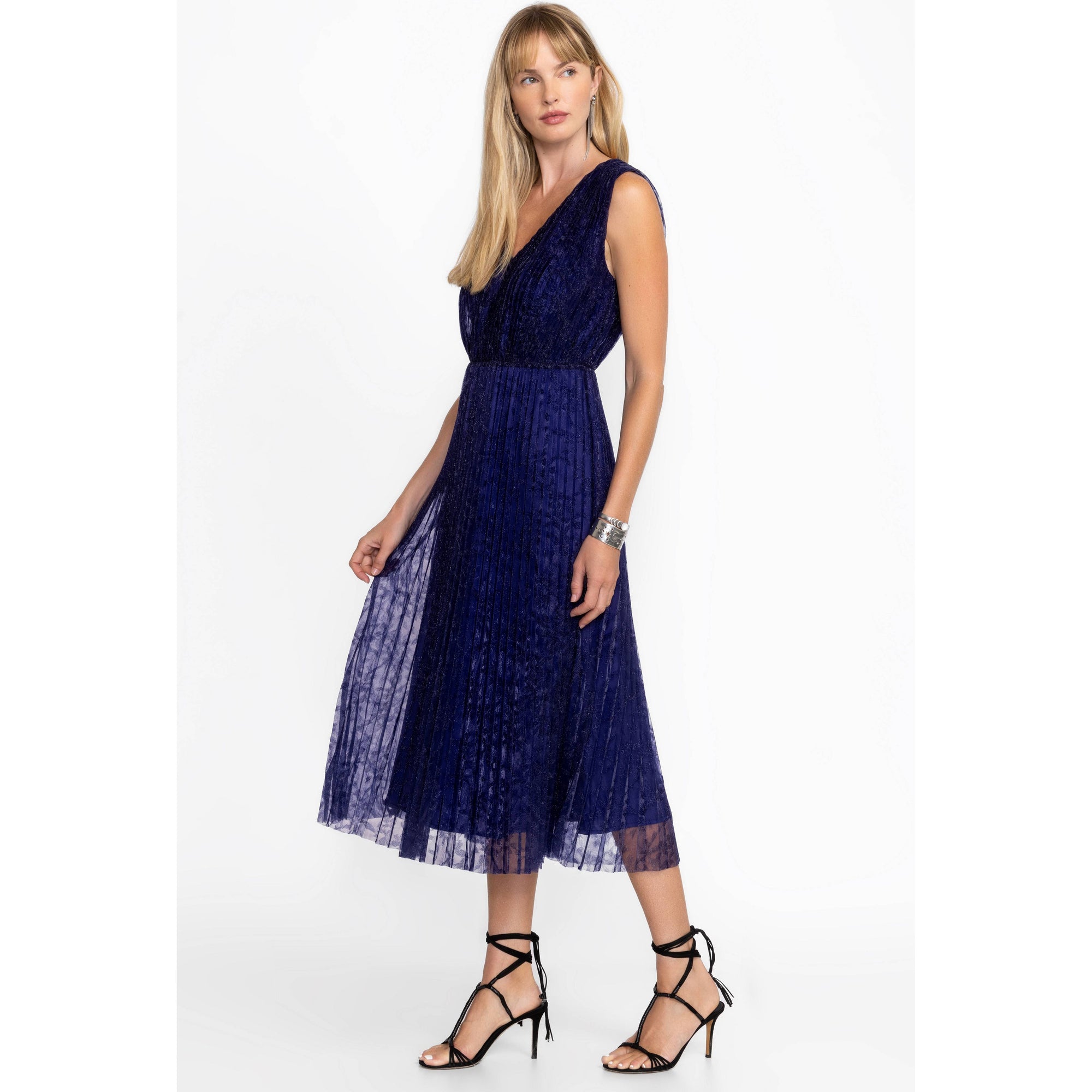 Johnny Was Clario Pleated Midi Dress in Electric Blue 