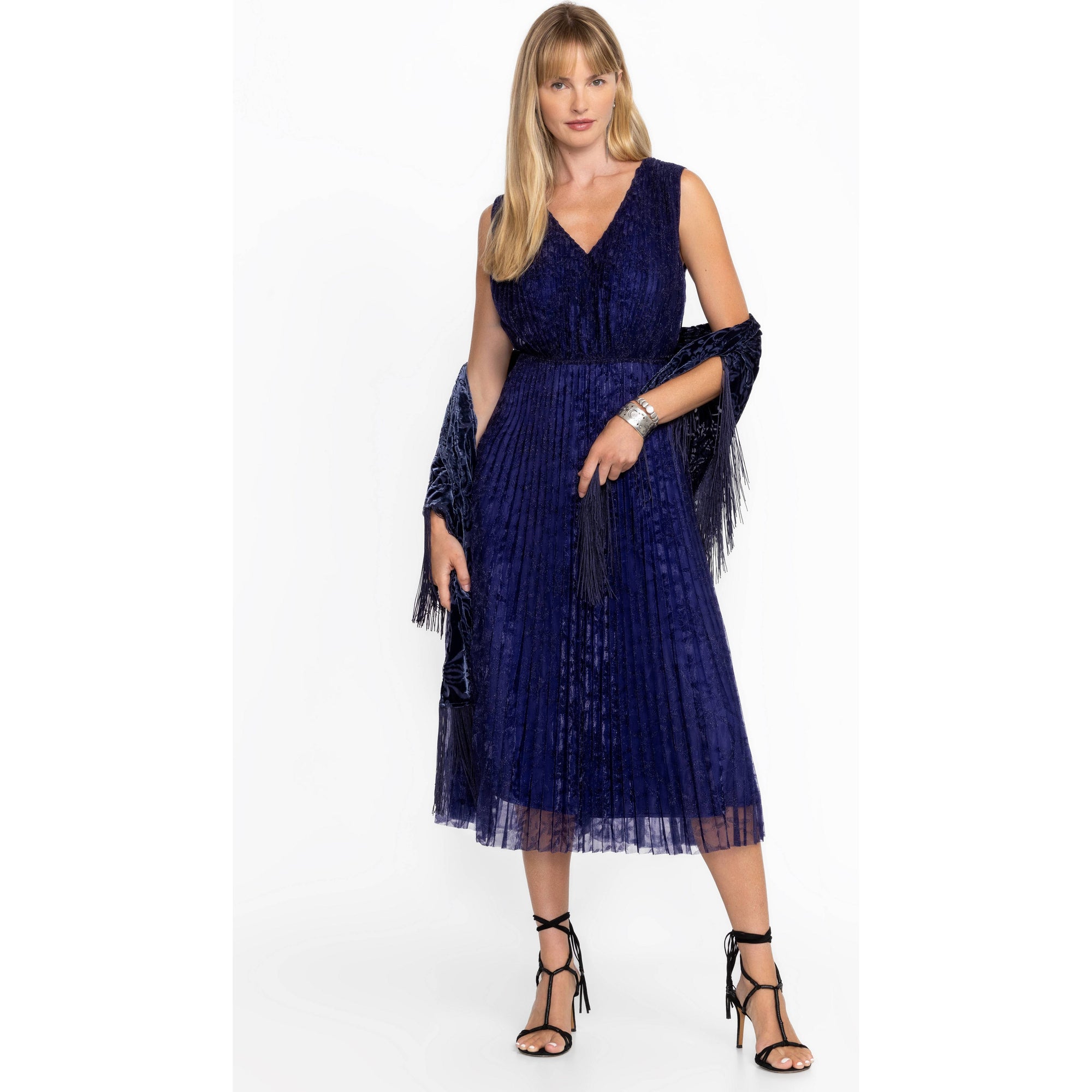 Johnny Was Clario Pleated Midi Dress in Electric Blue 