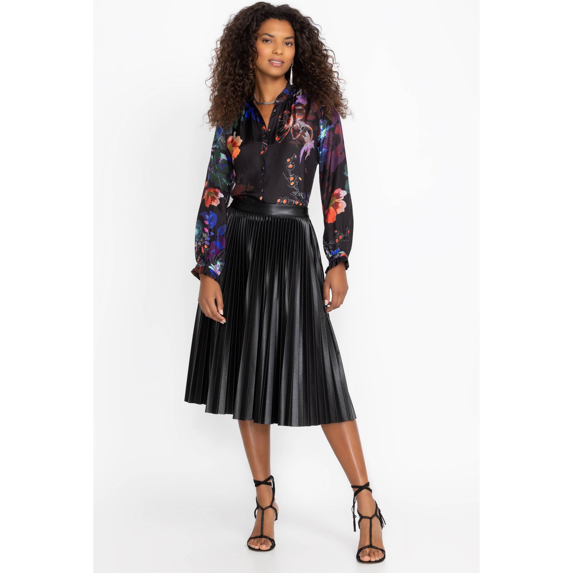 Johnny Was Emmi Vegan Leather Pleated Skirt in Black