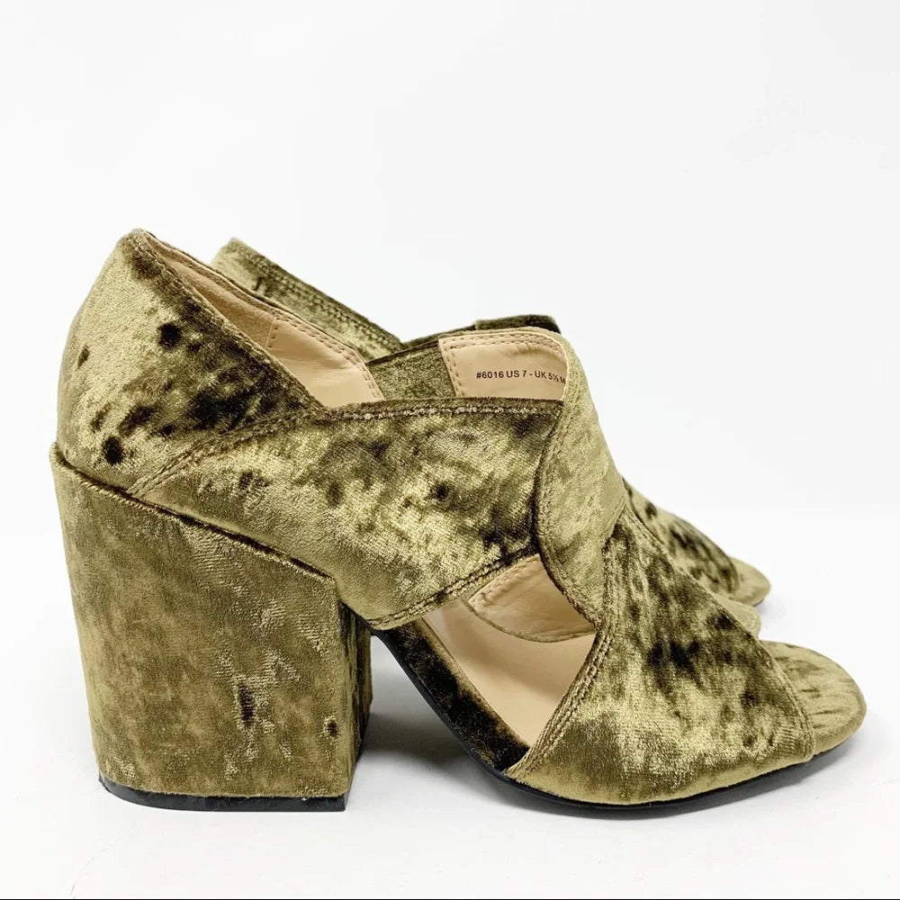Cabi Interlock Moss Green Crushed Velvet Heels