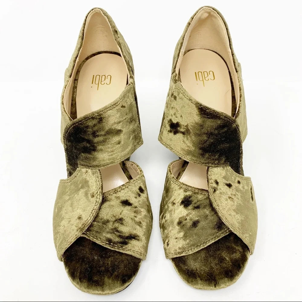 Cabi Interlock Moss Green Crushed Velvet Heels