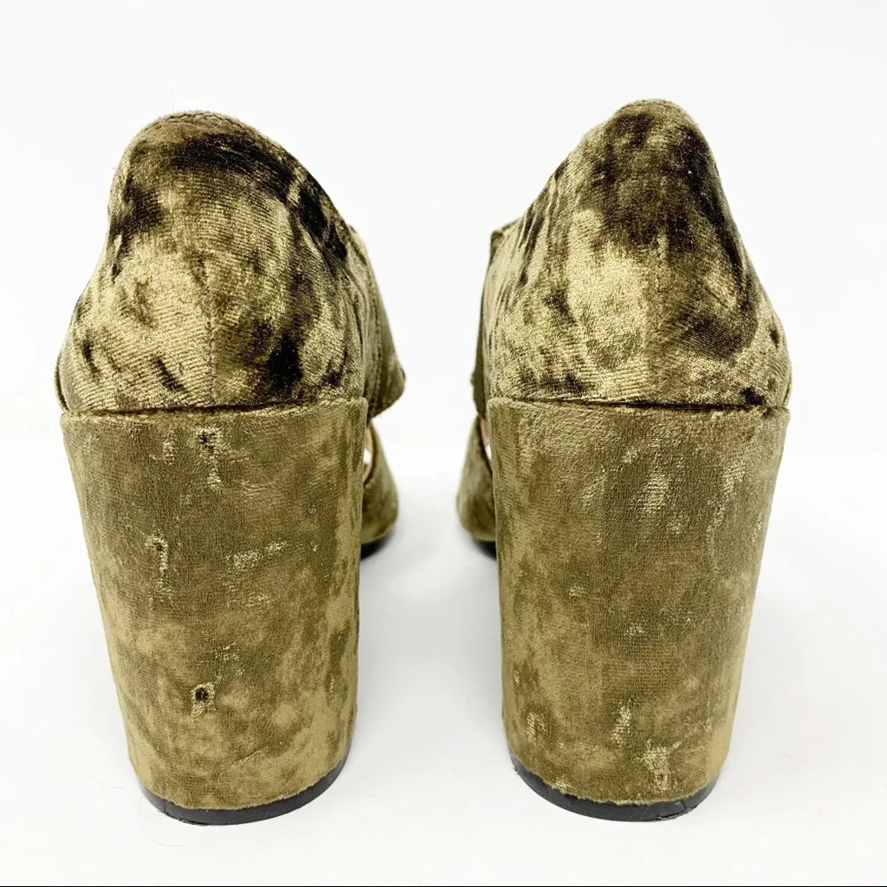 Cabi Interlock Moss Green Crushed Velvet Heels