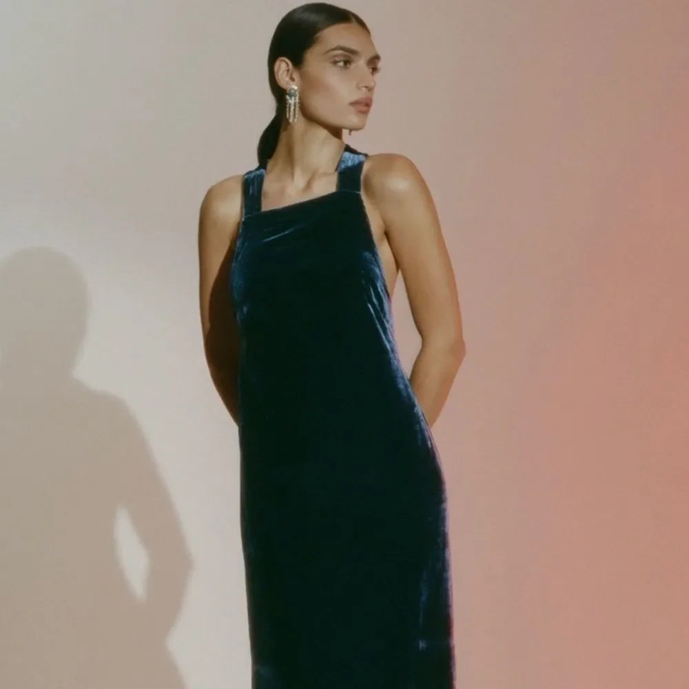 Anthropologie Navy Halter Velvet Maxi Dress