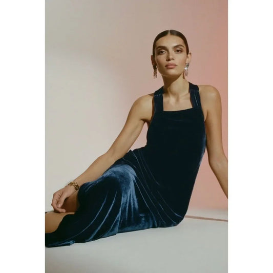 Anthropologie Navy Halter Velvet Maxi Dress
