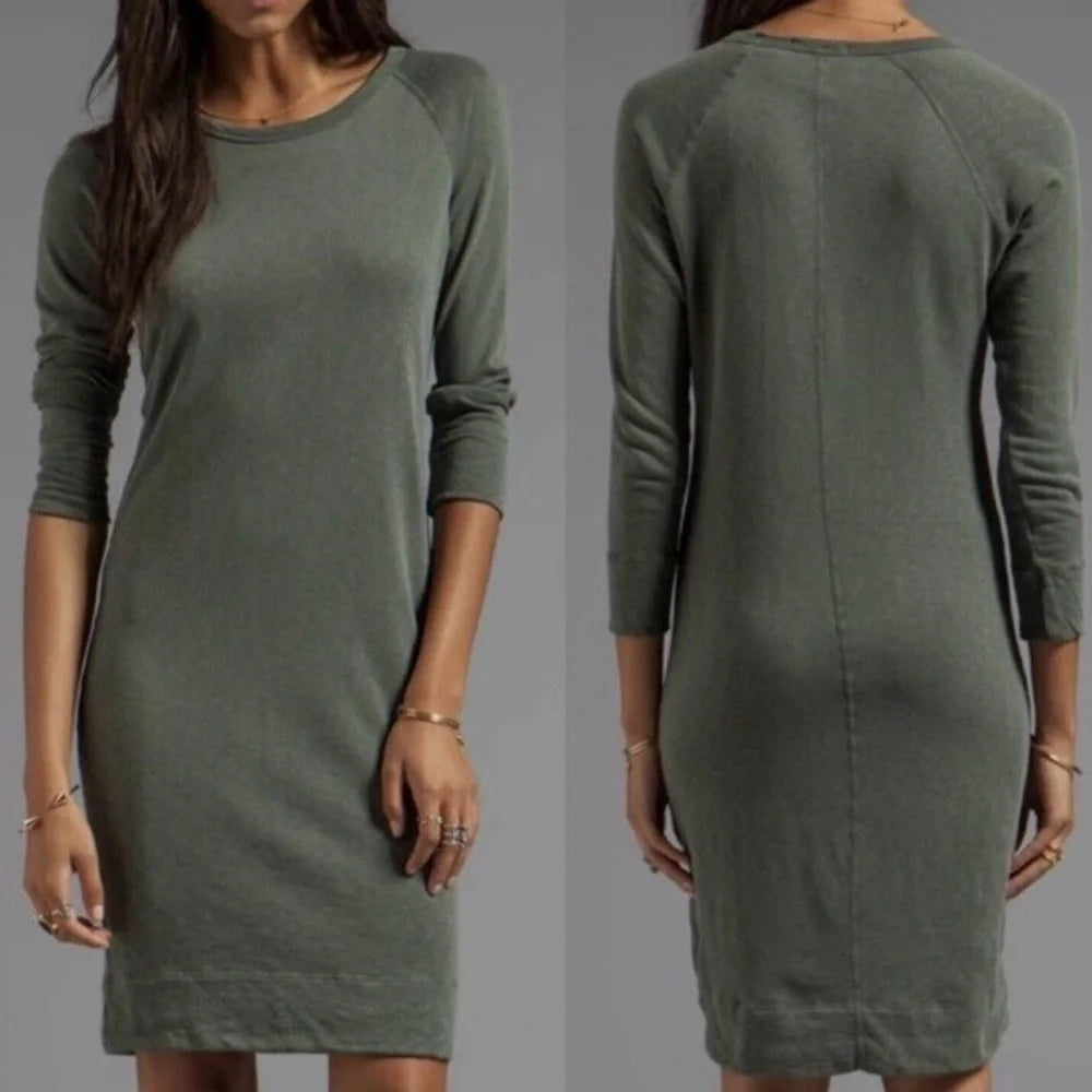 James Perse Heathered Raglan Sweatshirt Dress in Olive
