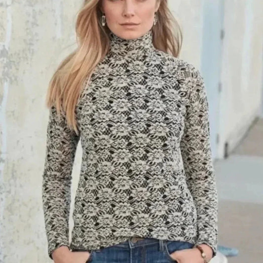 Sundance Semi Sheer Double Lined Black and White Floral Mock Neck Long Sleeve