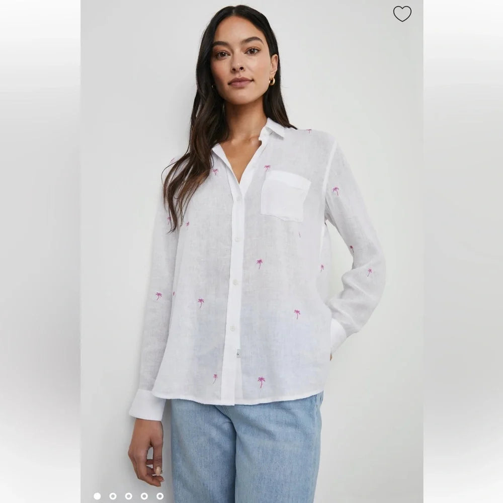 Rails Charli Linen Blend Shirt in Fuchsia Embroidered Palms