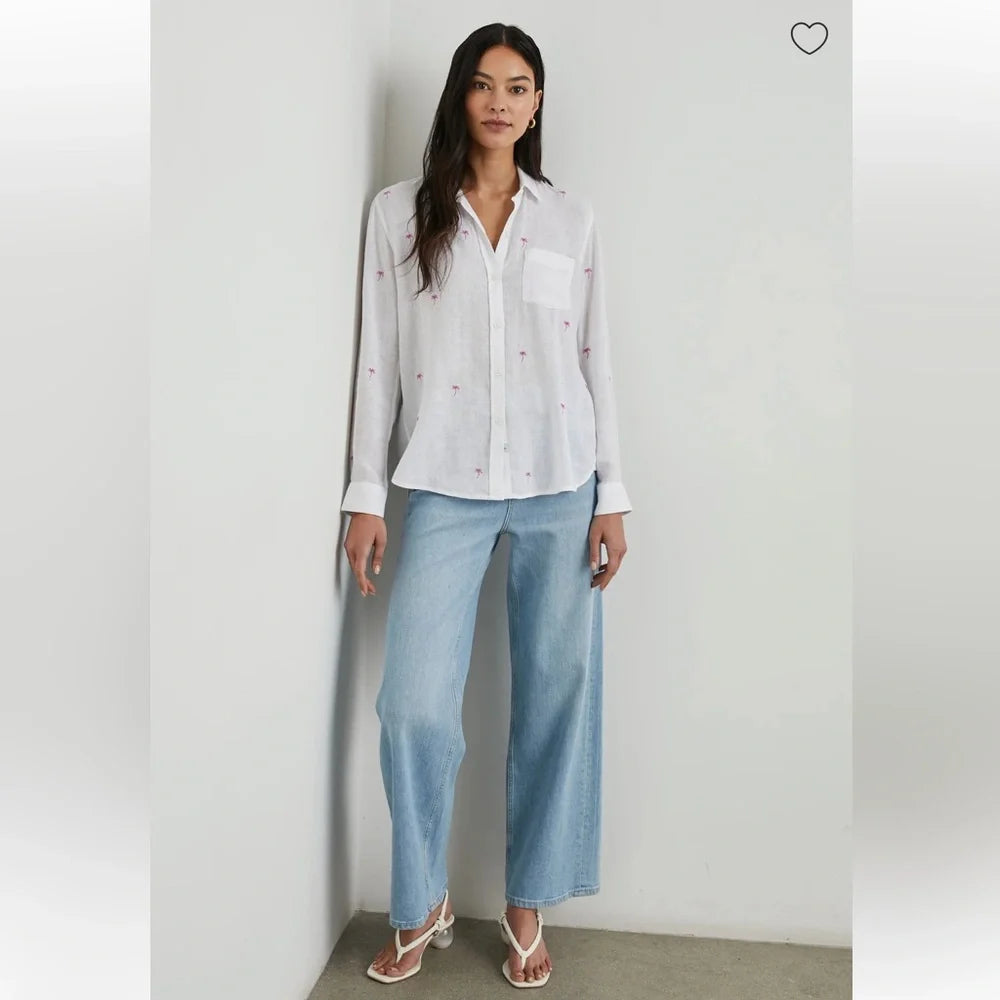 Rails Charli Linen Blend Shirt in Fuchsia Embroidered Palms