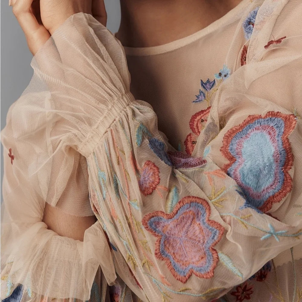 Antrhopologie The Layla Long Sleeve Appliqué Mesh Blouse 