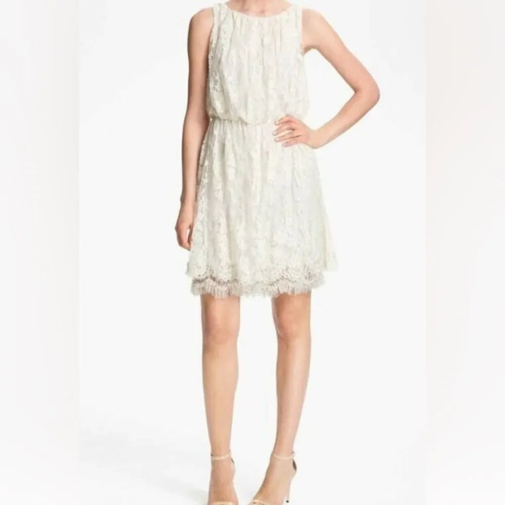 Alice + Olivia Denise Ivory Floral Lace Beaded Hem Dress