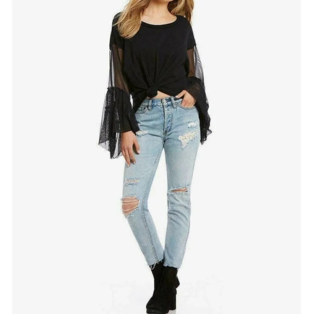 Free People Still Got It Black Mesh Bell Sleeve Whimsigoth Fairy Witchy in Black 