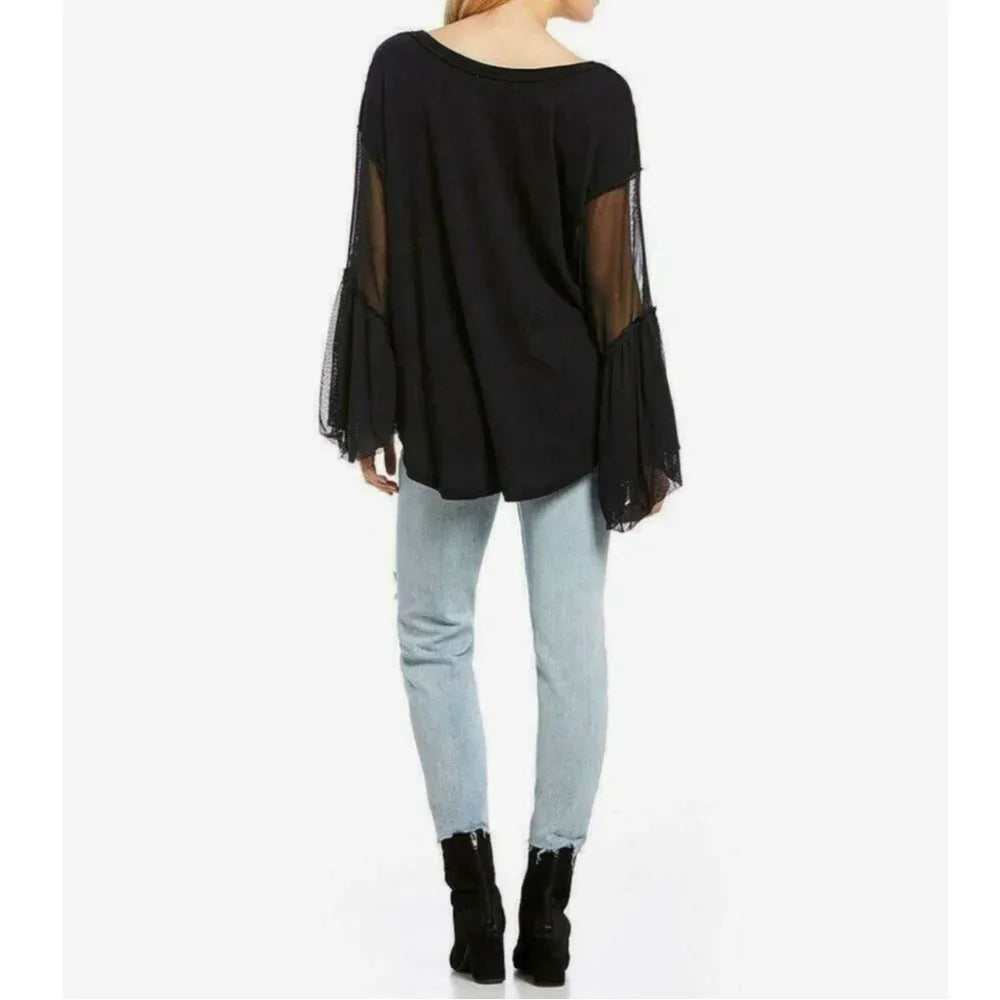Free People Still Got It Black Mesh Bell Sleeve Whimsigoth Fairy Witchy in Black 