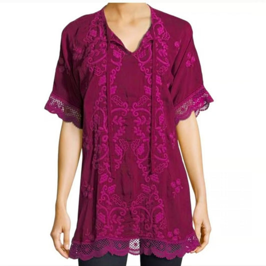 Johnny Was Montak Embroidered Tunic in Rose Wine