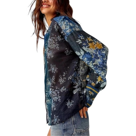 Free People Flower Patch Button Down Flowy Blouse in Indigo Blue