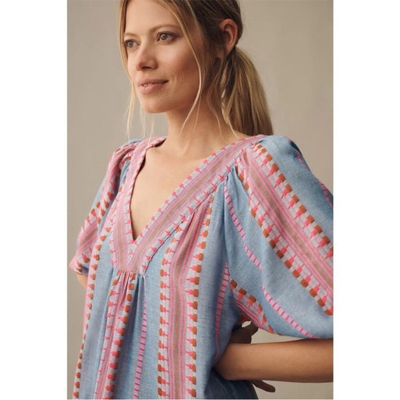 Velvet by Graham & Spencer Zoelle Chambray Blue & Pink Tiered Dress