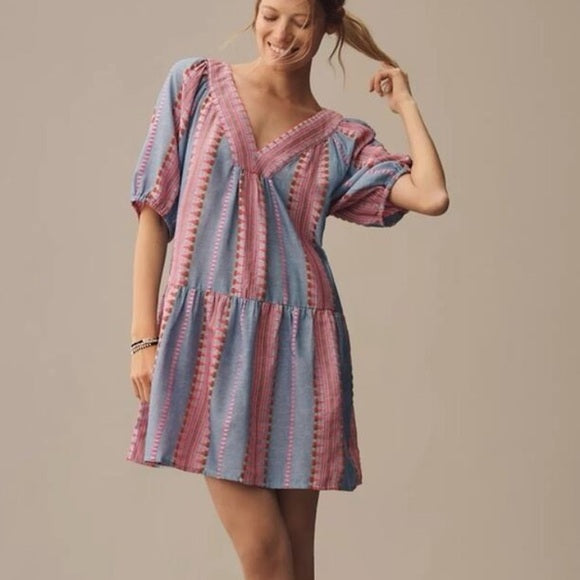 Velvet by Graham & Spencer Zoelle Chambray Blue & Pink Tiered Dress