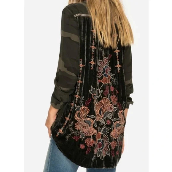 Johnny Was Valentina Velvet Embroidered Back Button Down in Camo/Green
