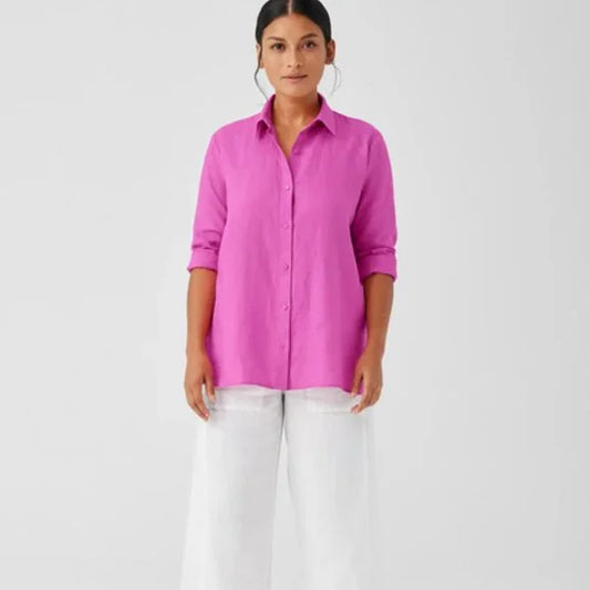 Eileen Fisher Garment-Dyed Handkerchief Linen Classic Collar Shirt in Tulip