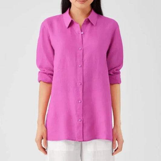 Eileen Fisher Garment-Dyed Handkerchief Linen Classic Collar Shirt in Tulip