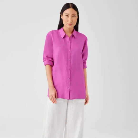 Eileen Fisher Garment-Dyed Handkerchief Linen Classic Collar Shirt in Tulip