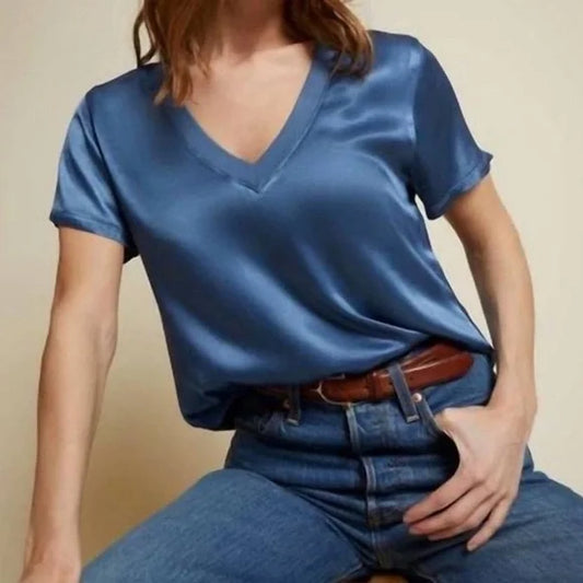 Nation June Sateen V-neck in Denim Blue