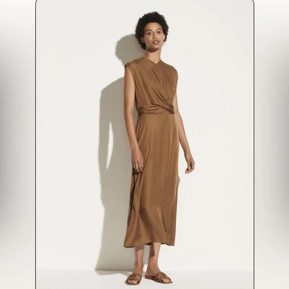 Vince Sleeveless Silk Blend Twist Front in Bronze