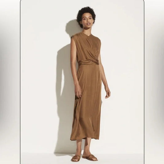 Vince Sleeveless Silk Blend Twist Front in Bronze